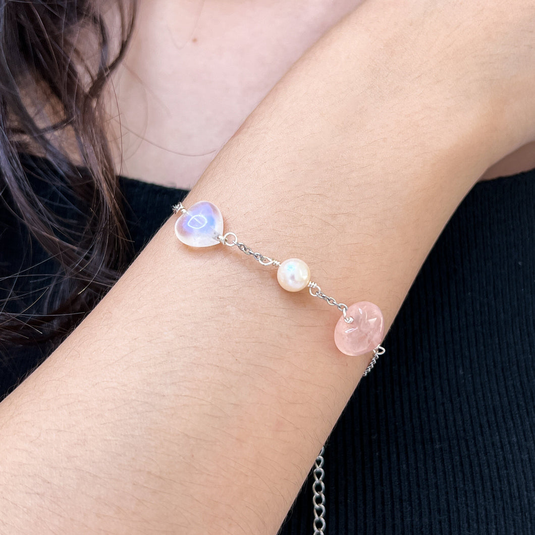 Ethereal Moonstone Heart (Rose Quartz, Rainbow Moonstone, Pearl) Crystal Stainless Steel Bracelet