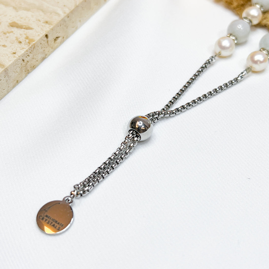 Princess Delphine (Green Jade, Freshwater Pearls) Clover Stainless Steel Slider Crystal Bracelet