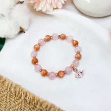 Load image into Gallery viewer, Orange Sunstone x Rose Quartz Crystal Bracelet (Rose Gold Evil Eye)
