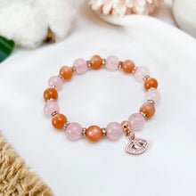 Load image into Gallery viewer, Orange Sunstone x Rose Quartz Crystal Bracelet (Rose Gold Evil Eye)
