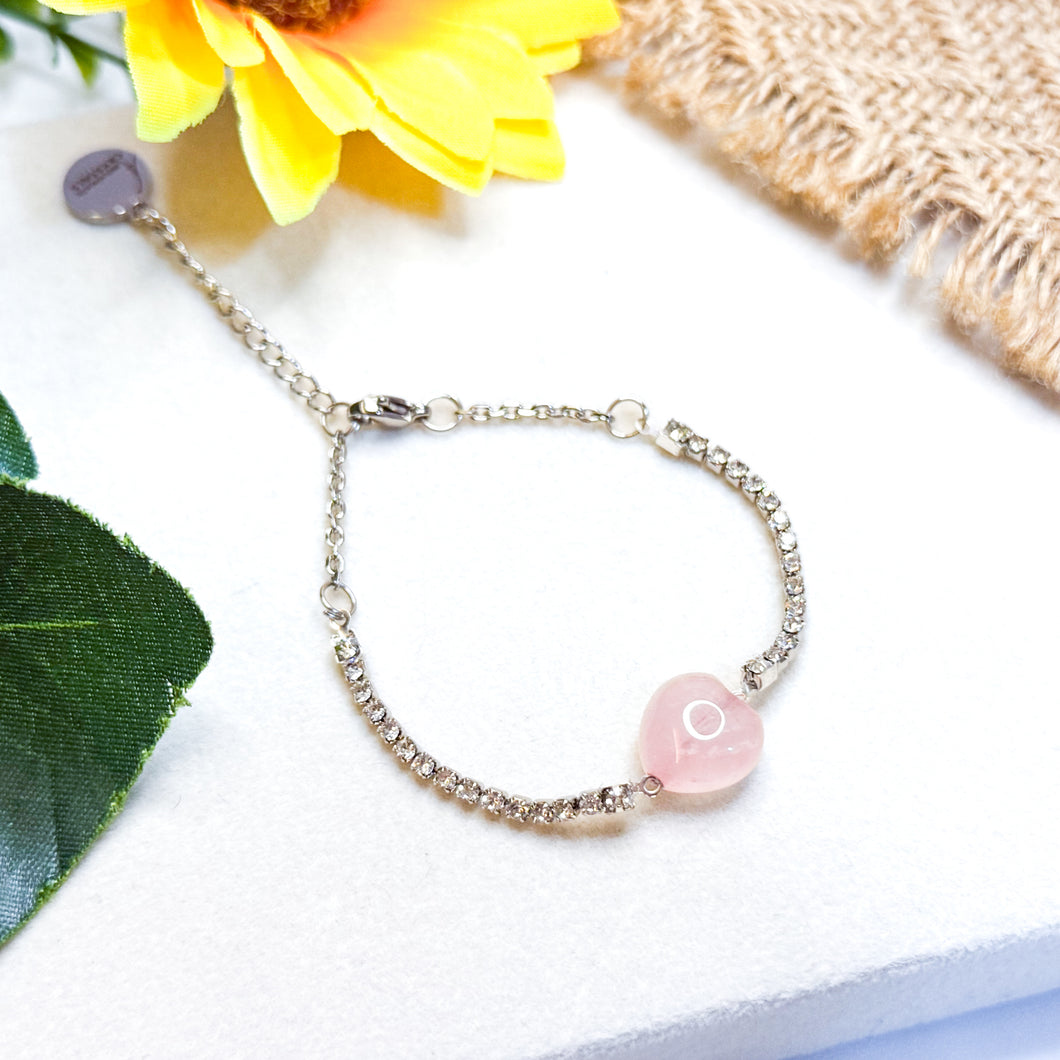 Rose Quartz Heart Tennis Chain Crystal Bracelet (Ameliorate's Signature)