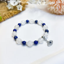 Load image into Gallery viewer, Lapis Lazuli x Frosted Clear Quartz Crystal Bracelet (w/ Silver Evil Eye)
