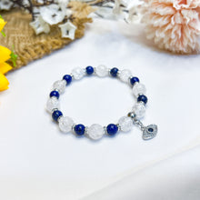 Load image into Gallery viewer, Lapis Lazuli x Frosted Clear Quartz Crystal Bracelet (w/ Silver Evil Eye)
