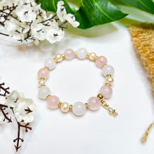 Load image into Gallery viewer, Pastel Odette (Rose Quartz, White Jade, Freshwater Pearl, Gold Angel Charm) Crystal Bracelet
