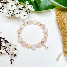 Load image into Gallery viewer, Pastel Odette (Rose Quartz, White Jade, Freshwater Pearl, Gold Angel Charm) Crystal Bracelet
