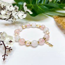 Load image into Gallery viewer, Pastel Odette (Rose Quartz, White Jade, Freshwater Pearl, Gold Angel Charm) Crystal Bracelet
