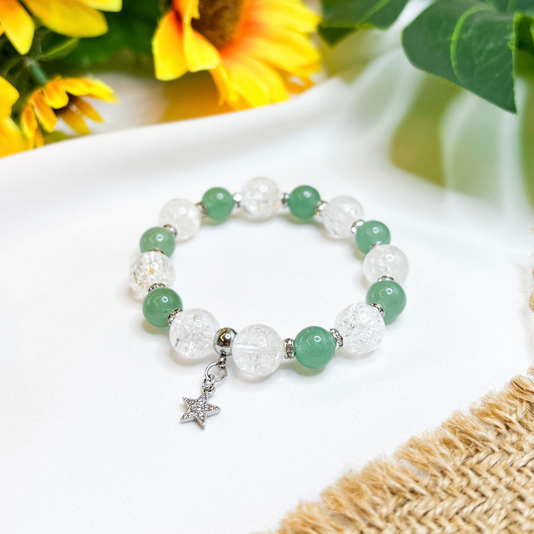 Green Aventurine x Frosted Clear Quartz (S925 Star Charm) Crystal Bracelet