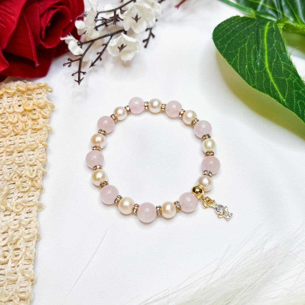 Rose Angel Pearl Crystal Bracelet (Rose Quartz, Freshwater Pearls, Gold Angel Charm)