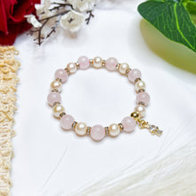 Load image into Gallery viewer, Rose Angel Pearl Crystal Bracelet (Rose Quartz, Freshwater Pearls, Gold Angel Charm)
