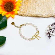 Load image into Gallery viewer, Freshwater Pearls Ribbon Charm Crystal Chain Bracelet
