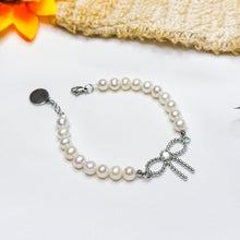 Load image into Gallery viewer, Freshwater Pearls Ribbon Charm Crystal Chain Bracelet
