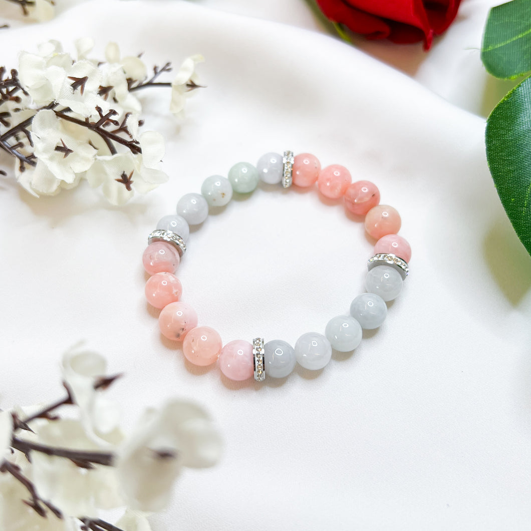 Tiana (Pink Opal, Green Jade, 304 Stainless Steel Platinum Spacers) Crystal Bracelet