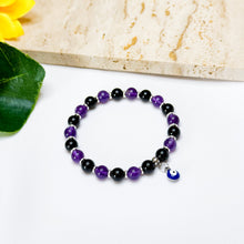 Load image into Gallery viewer, Mini Shield Stacker (Amethyst x Black Tourmaline) Crystal Bracelet (304 Stainless Steel Evil Eye)
