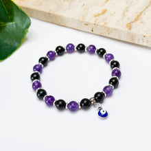 Load image into Gallery viewer, Mini Shield Stacker (Amethyst x Black Tourmaline) Crystal Bracelet (304 Stainless Steel Evil Eye)
