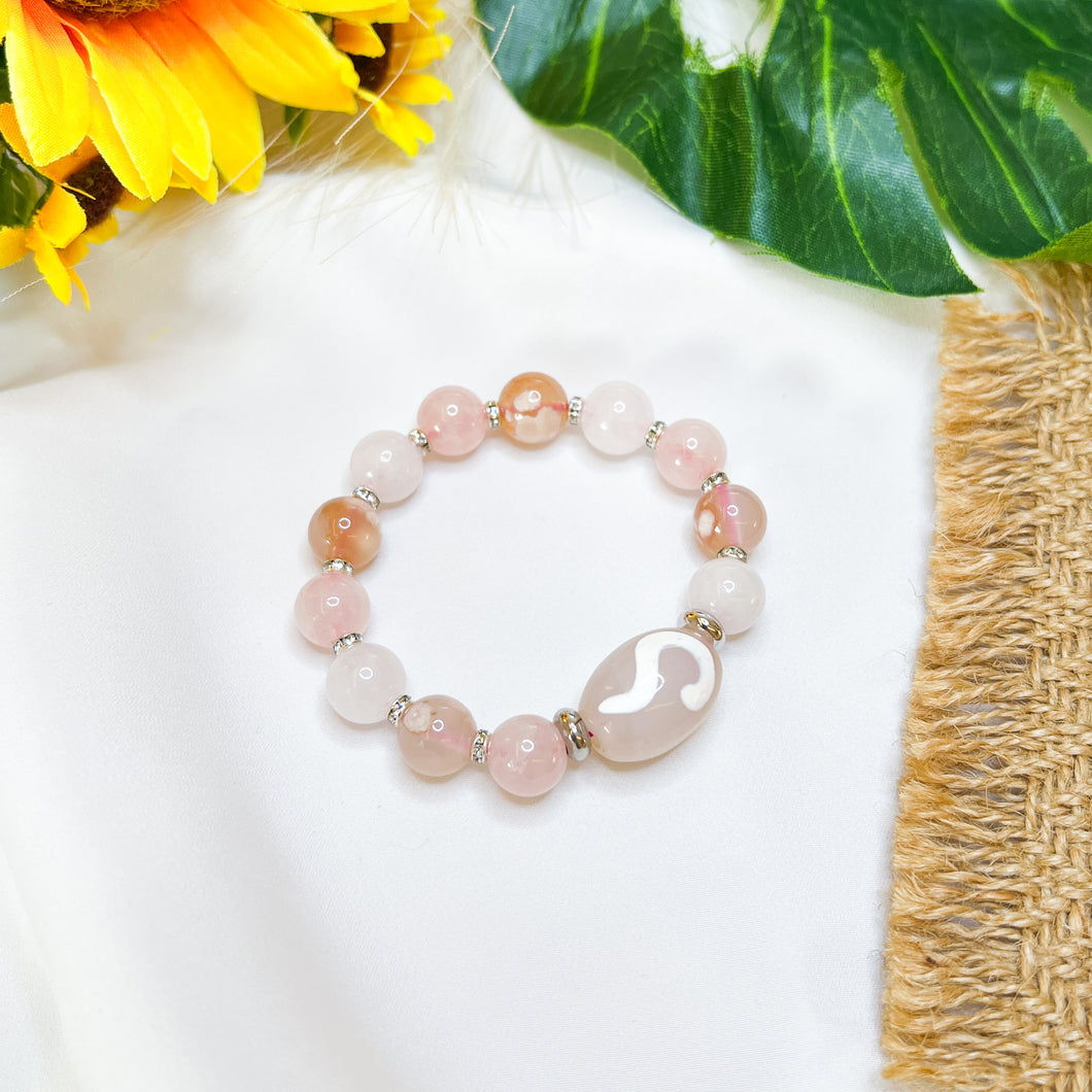 Money Hook Dzi, Rose Quartz, White Jade, Sakura Agate Crystal Bracelet