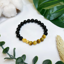 Load image into Gallery viewer, Yellow Tiger&#39;s Eye x Black Agate (Gold Plated Pixiu)
