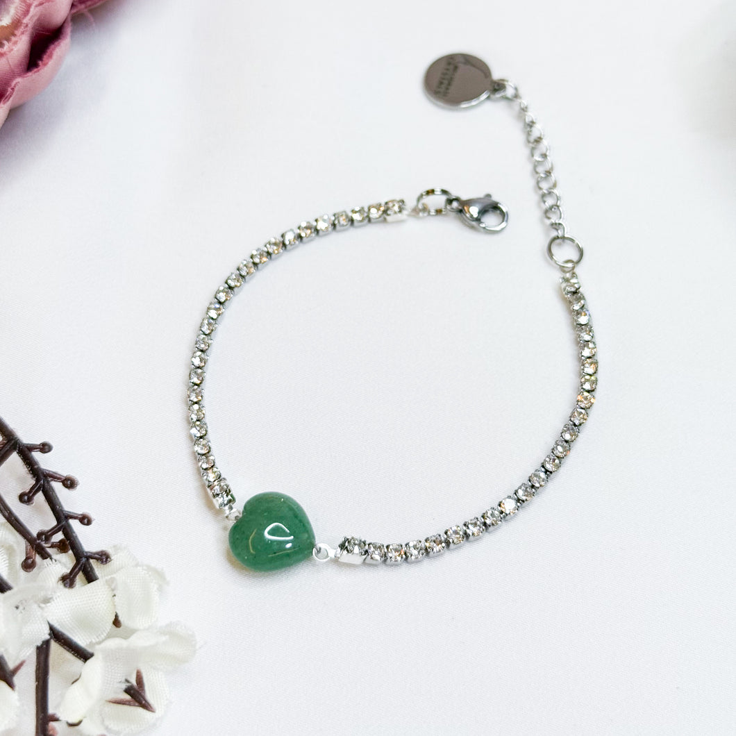 Green Aventurine Heart Signature Tennis Crystal Chain Crystal Bracelet