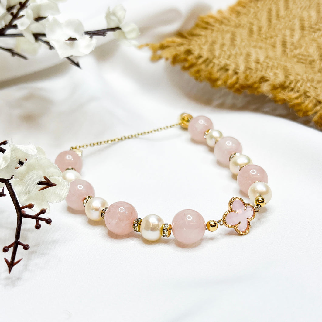 Rose Pearl Magnetic Crystal Bracelet (Rose Quartz, Pearl, Gold Clover Charm)