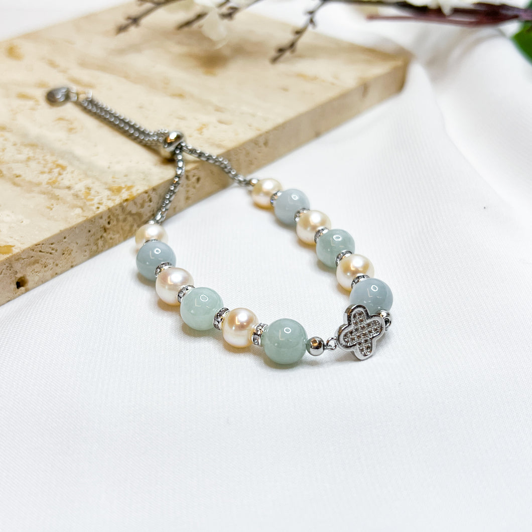 Princess Delphine (Green Jade, Freshwater Pearls) Clover Stainless Steel Slider Crystal Bracelet