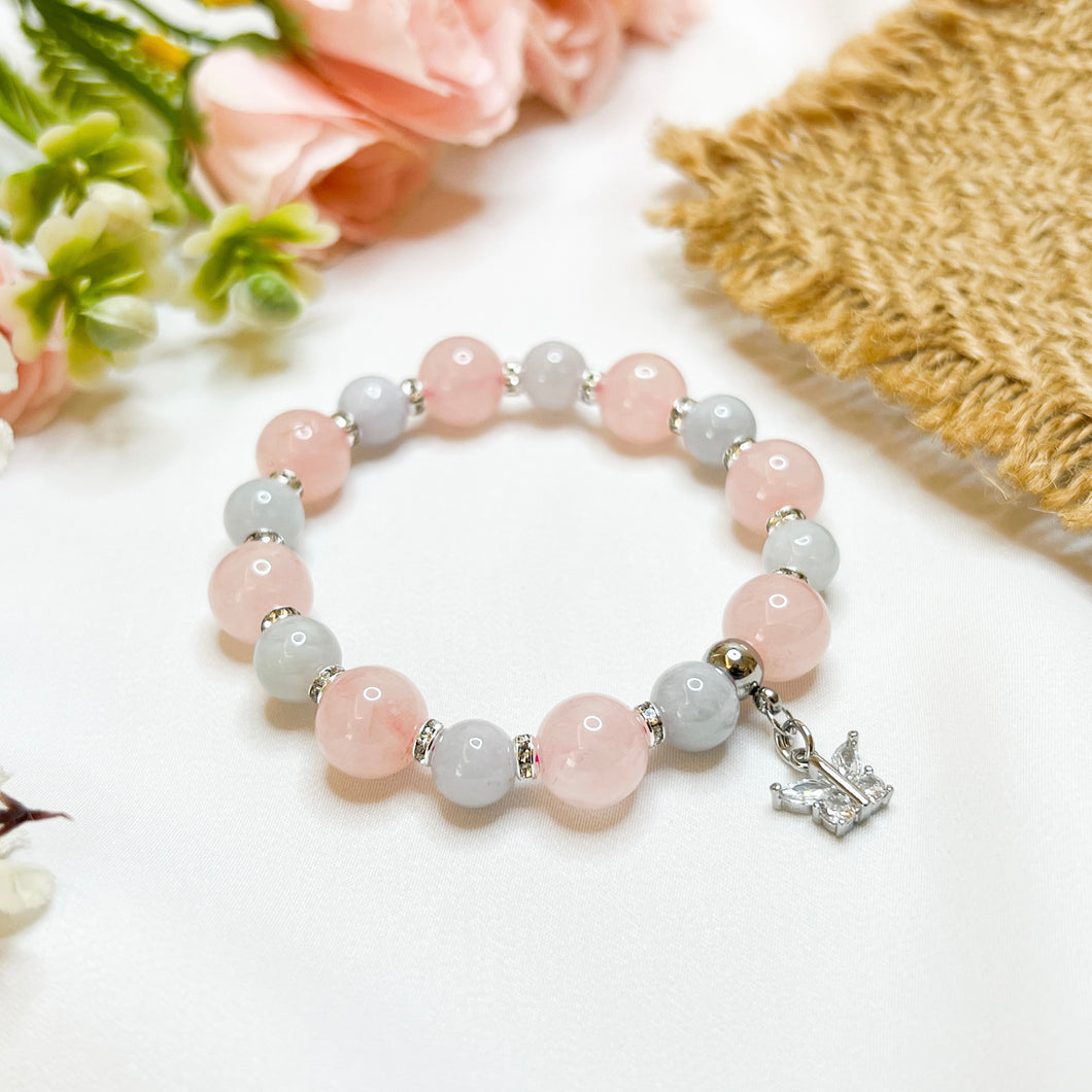 Summer Rose Matcha (Icy Green Jade, Rose Quartz, Silver Butterfly) Crystal Bracelet