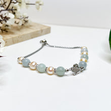 Load image into Gallery viewer, Princess Delphine (Green Jade, Freshwater Pearls) Clover Stainless Steel Slider Crystal Bracelet
