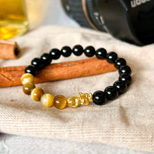 Load image into Gallery viewer, Yellow Tiger&#39;s Eye x Black Agate (Gold Plated Pixiu)
