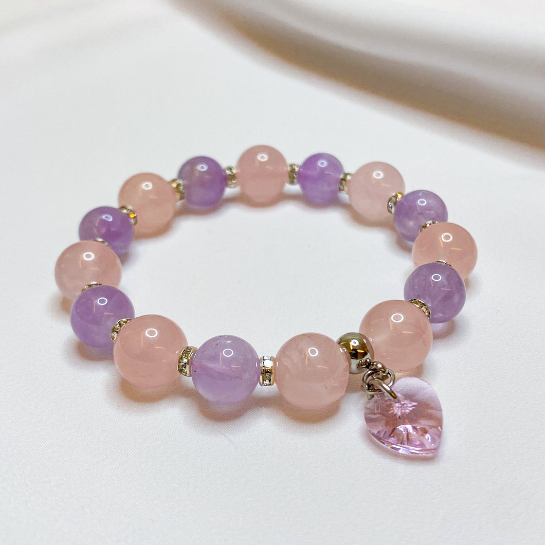 Lavender Quartz x Rose Quartz Crystal Bracelet (Pink Glass Heart Charm)