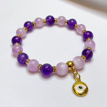 Load image into Gallery viewer, Amethyst x Kunzite (18k Gold Plated Evil Eye Charm) Crystal Bracelet
