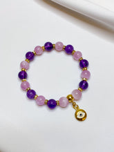 Load image into Gallery viewer, Amethyst x Kunzite (18k Gold Plated Evil Eye Charm) Crystal Bracelet
