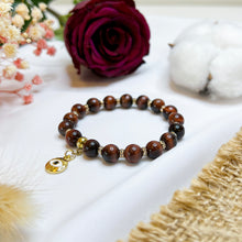 Load image into Gallery viewer, Red Tiger&#39;s Eye Crystal Bracelet (Gold Evil Eye Charm)
