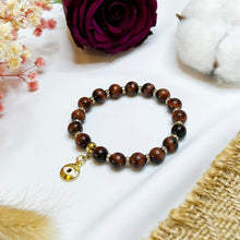 Load image into Gallery viewer, Red Tiger&#39;s Eye Crystal Bracelet (Gold Evil Eye Charm)
