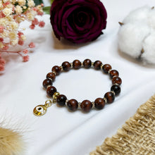 Load image into Gallery viewer, Red Tiger&#39;s Eye Crystal Bracelet (Gold Evil Eye Charm)
