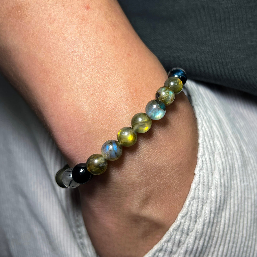 Fortune Four (Labradorite, Pyrite, Black Rutile, Blue Tiger's Eye) Crystal Bracelet